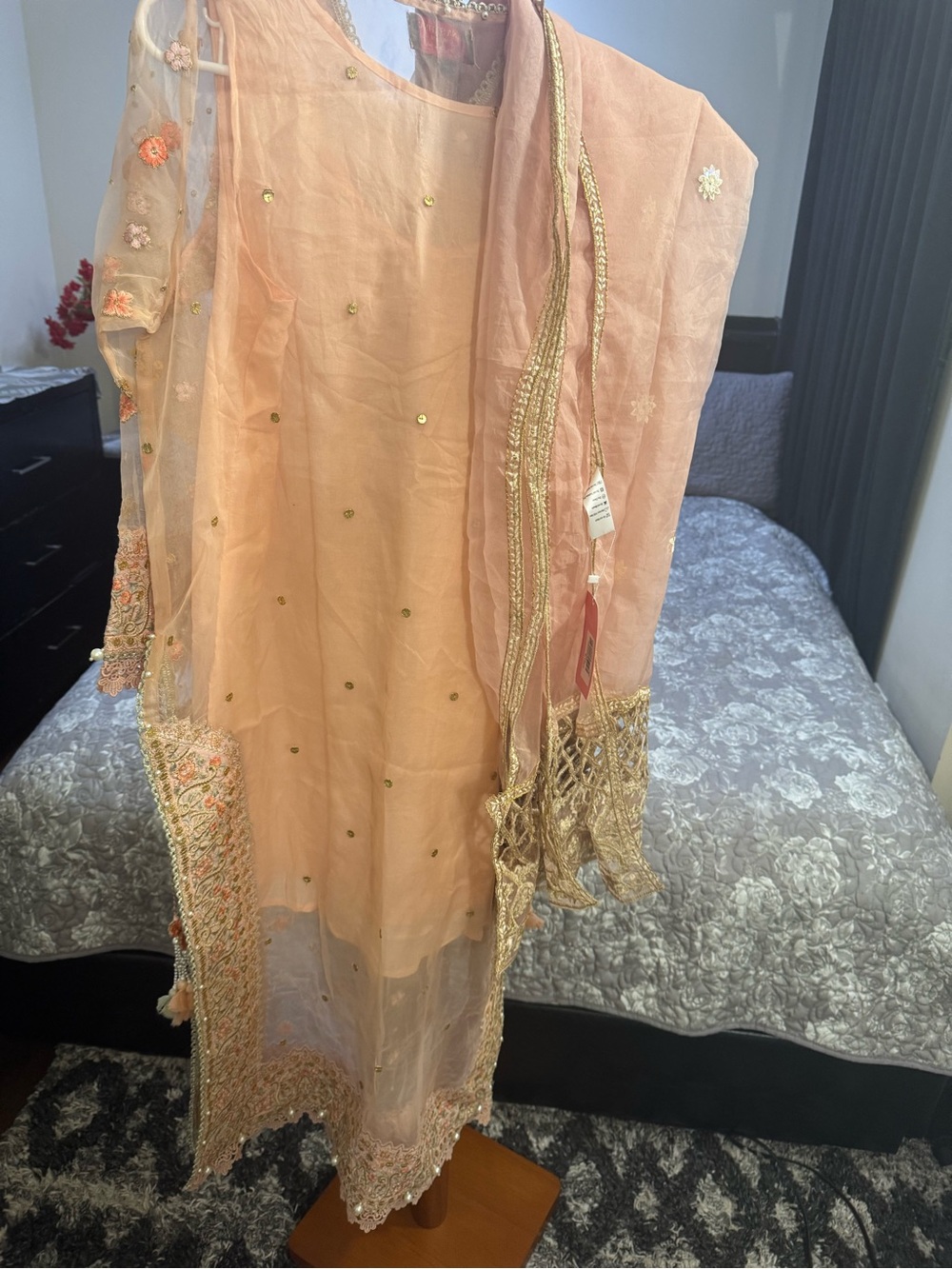 Embroidered Peach Women’s Dress with Scarf - Picture 7 of 8